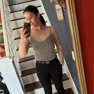 Top Chic Sheer Pearl Embellished Mesh Top